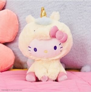Pink yellow white Hello Kitty plushie with pink plastic beaded charm bracelet